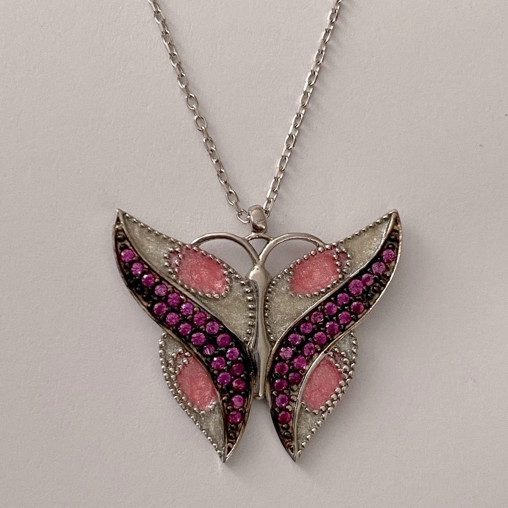 925 Silver handmade necklace pink butterfly pink cubic zirconia cz stones